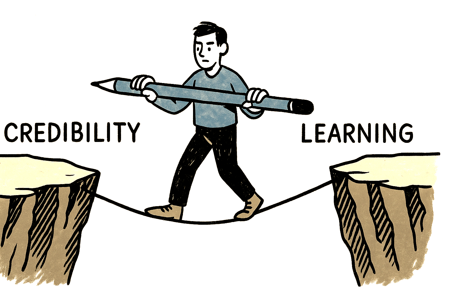 A designer with a pencil walking the tightrope between credibility and learning